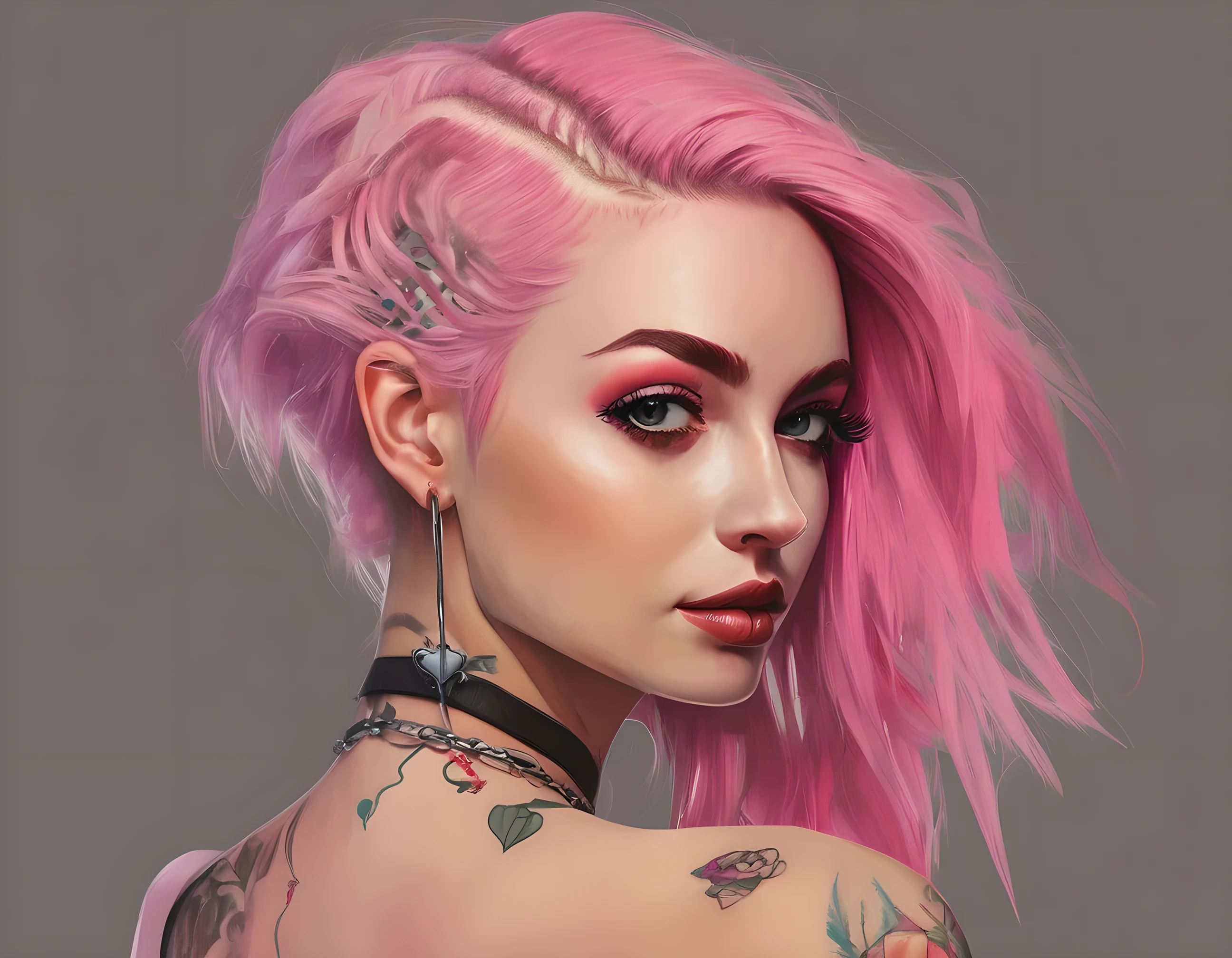 Young adult woman 22 years realistic, sexy with medium tits, modern punk style similar to harley queen, with long blonde and a little pink hair, with a broken heart tattoo on the neckline for the profile image