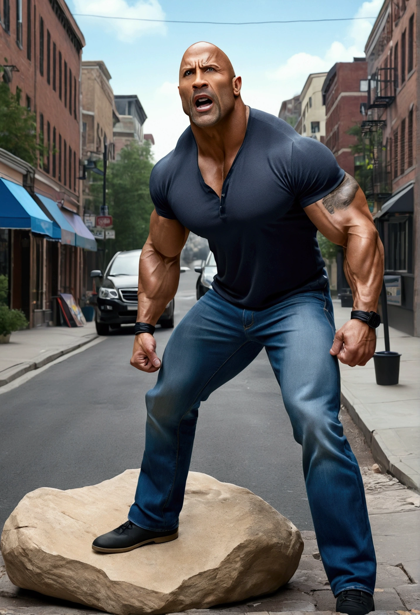 (best quality, 4K, 8K, high resolution, art: 1.2), Ultra detailed, (realistic, photorealistic, photorealistic: 1.37), (best quality, 4K, 8K, high resolution, art: 1.2), Ultra detailed, (realistic, photorealistic, photorealistic: 1.37) ,-Man of around 30 years old, strong, well-muscled, with a big WWE style, The Rock looks like a WWE fighter, wearing casual work clothes (jeans and t-shirt). An expression that is initially tired, but changes throughout the story.A GREAT STONE ON THE WAY A STONE IN THE MIDDLE OF THE STREET PEDRA ON THE STREET AND A so(best quality, 4K, 8K, high resolution, art: 1.2), Ultra detailed, ( realistic, photorealistic, photorealistic: 1.37), Other people are also shown dodging, style, determined, dynamic pose, blue color palette, vibrant lighting A large rock in the middle of the sidewalk, forcing people to move aside. He sighs when he sees the stone and avoids it, as he does every day. Other people are also shown dodging A BIG STONE ON THE PATH A STONE IN THE MIDDLE OF THE STREET STONE ON THE STREET AND Other people are also shown dodging