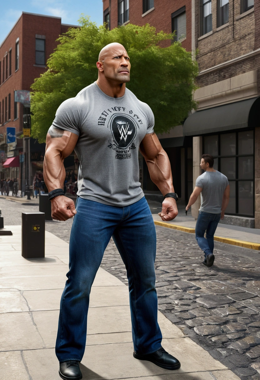 (best quality, 4K, 8K, high resolution, art: 1.2), Ultra detailed, (realistic, photorealistic, photorealistic: 1.37), (best quality, 4K, 8K, high resolution, art: 1.2), Ultra detailed, (realistic, photorealistic, photorealistic: 1.37) ,-Man of around 30 years old, strong, well-muscled, with a big WWE style, The Rock looks like a WWE fighter, wearing casual work clothes (jeans and t-shirt). An expression that is initially tired, but changes throughout the story.A GREAT STONE ON THE WAY A STONE IN THE MIDDLE OF THE STREET PEDRA ON THE STREET AND A so(best quality, 4K, 8K, high resolution, art: 1.2), Ultra detailed, ( realistic, photorealistic, photorealistic: 1.37), Other people are also shown dodging, style, determined, dynamic pose, blue color palette, vibrant lighting A large rock in the middle of the sidewalk, forcing people to move aside. He sighs when he sees the stone and avoids it, as he does every day. Other people are also shown dodging A BIG STONE ON THE PATH A STONE IN THE MIDDLE OF THE STREET STONE ON THE STREET AND Other people are also shown dodging