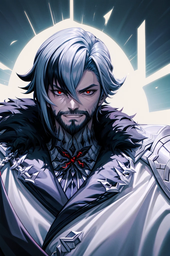 villain wearing a cross holding a cross bearded evil laugh blue background dark night
