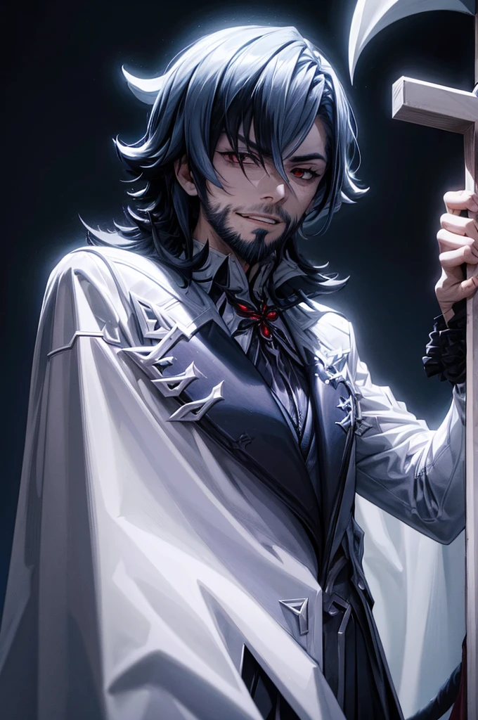 villain wearing a cross holding a cross bearded evil laugh blue background dark night