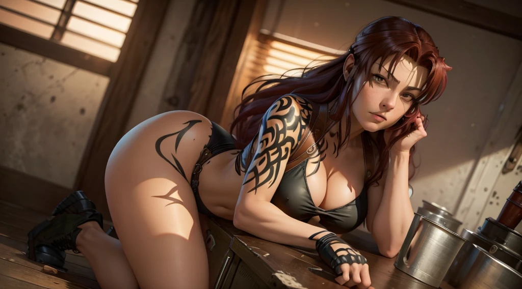 A striking image of a young very busty Revy, firm round ass, smooth hips, sexy long legs, great complexion, beautiful face, the iconic anime character. She has long, amber hair styled in loose waves and is wearing a revealing red very small string bikini and a bat symbol on the front. Her outfit includes thigh-high black boots. The lighting is bright and natural, highlighting the bold colors and details of her costume, as well as her confident and alluring expression. Art Styles: Cosplay Photography Realism Artists Referenced: Revy black lagoon Categories: Cosplay anime characters Elegant detailed luxury, neon lights, The artwork is rendered in an edgy and realistic style, with high attention to detail and sharp focus. The colors are vivid and contrasted, with a slight desaturation to create a moody atmosphere. shadowy highlights enhancing the overall composition. The medium used is a digital illustration, with a touch of photo-realistic elements to add depth and texture to the image. The final result is a masterpiece in ultra-high resolution,