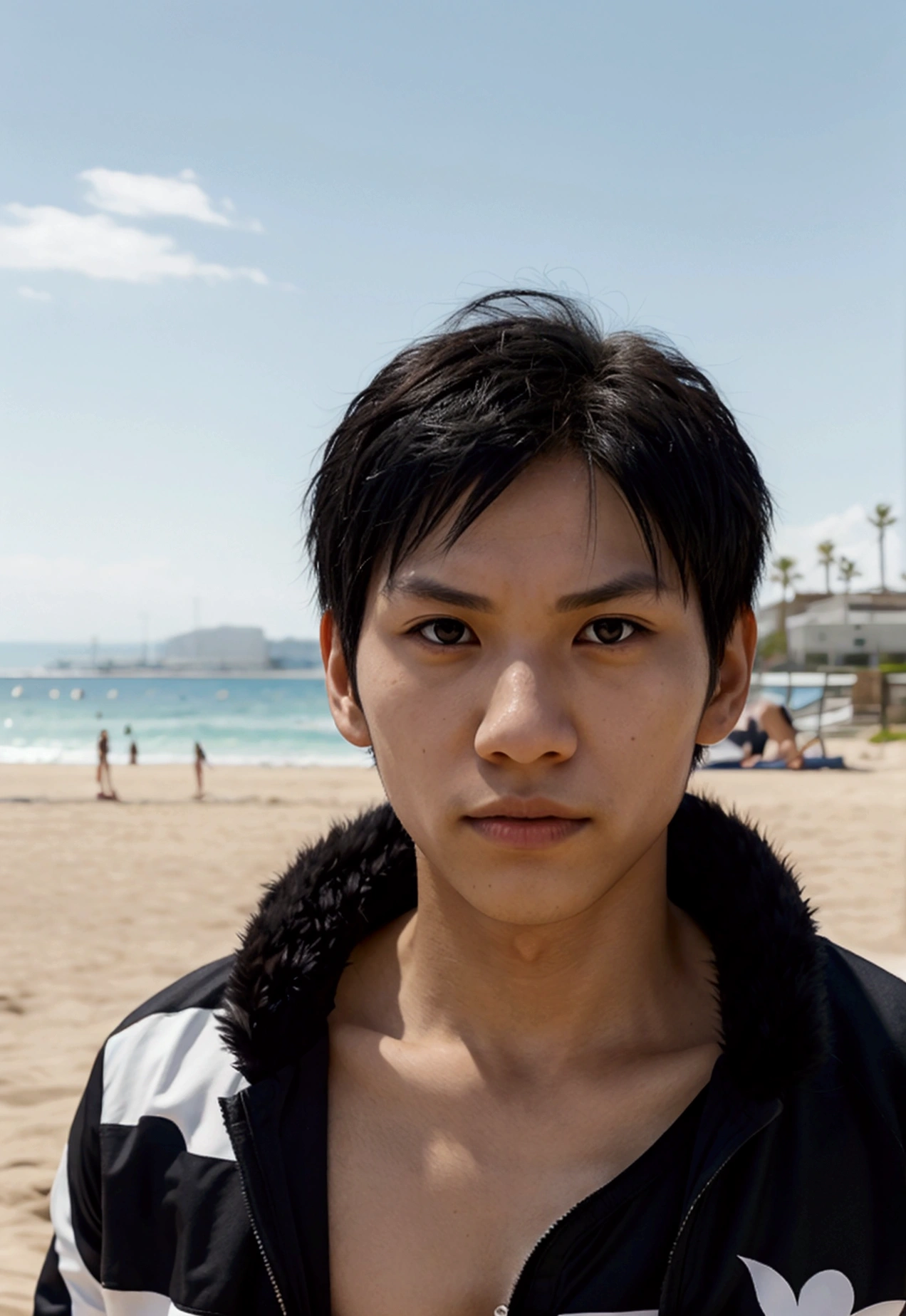 High resolution, Tobio Kageyama ,haikyuu!!, black fur, Alone, 1 chico, male, playa, Mar, outside, detailed eyes, close up, playa volleyball, full face