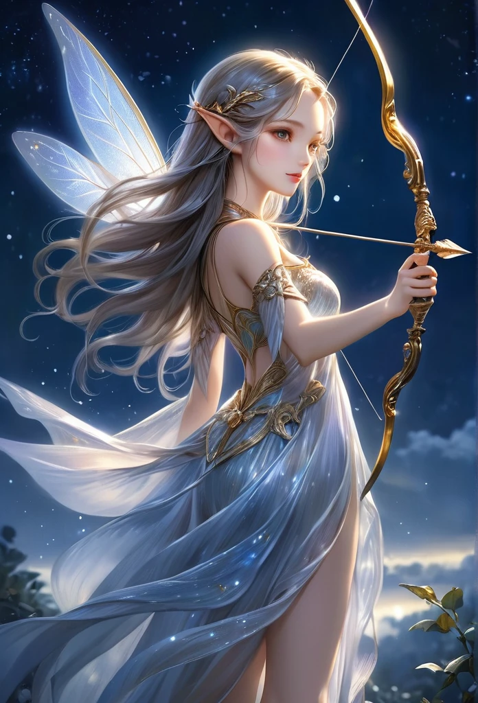 under a wonderful moonlight,clouds,stars,a beautiful fairy(((full body )))ethereal,translucent wings,long elf ear,gracefully shoots an arrow,beautiful fairy,long hair,short flowing dress,best quality,hyper detailed ,perfect anatomy, fantasy illustration,work of art,charming scenery,delicate,extraordinary beauty,golden details