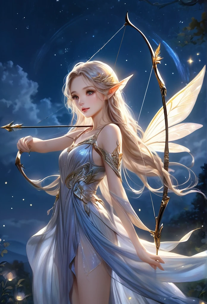 under a wonderful moonlight,clouds,stars,a beautiful fairy(((full body )))ethereal,translucent wings,long elf ear,gracefully shoots an arrow,beautiful fairy,long hair,short flowing dress,best quality,hyper detailed ,perfect anatomy, fantasy illustration,work of art,charming scenery,delicate,extraordinary beauty,golden details 