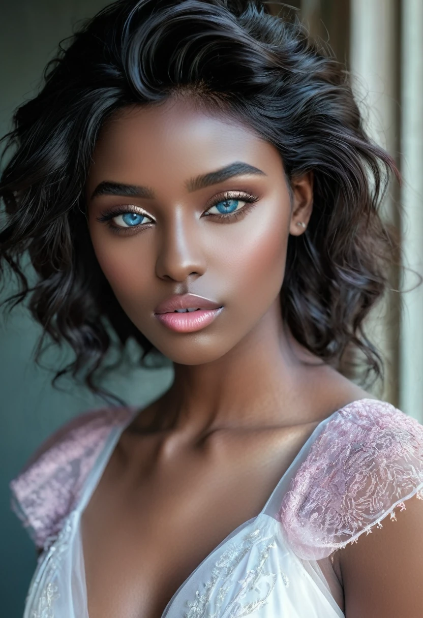 beautiful (((Dark skin:1.2))) androgen:1.3, ((Dark skin:1.2)), (((by white))), ethereal Dark skin beauty,piercing blue eyes,long flowing by white,Dark skin complexion,soft pink lips,sensual behavior,seductive look,elegant pose,subtle makeup,pure white dress,delicate features,striking contrast with its surroundings,Soft natural light,subtle shadows,ethereal atmosphere,vibrant colors,dream scenario,romantic setting,artistic portrait,Very detailed representation,Photorealistic quality. 
