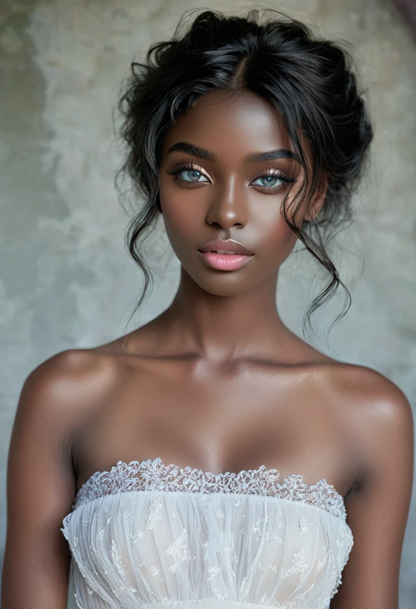 beautiful (((Dark skin:1.2))) androgen:1.3, ((Dark skin:1.2)), (((by white))), ethereal Dark skin beauty,piercing blue eyes,long flowing by white,Dark skin complexion,soft pink lips,sensual behavior,seductive look,elegant pose,subtle makeup,pure white dress,delicate features,striking contrast with its surroundings,Soft natural light,subtle shadows,ethereal atmosphere,vibrant colors,dream scenario,romantic setting,artistic portrait,Very detailed representation,Photorealistic quality.