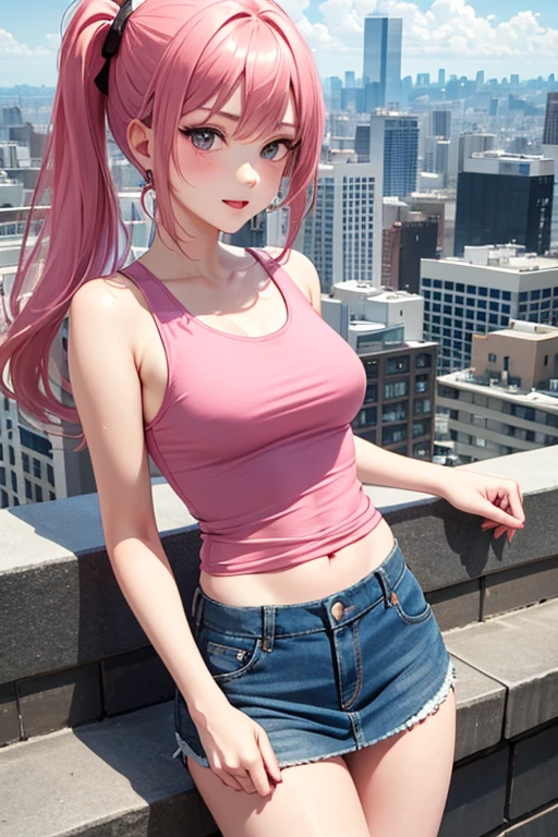 create an anime girl in a short denim skirt and a pink tank top 21 years old in an urban landscape