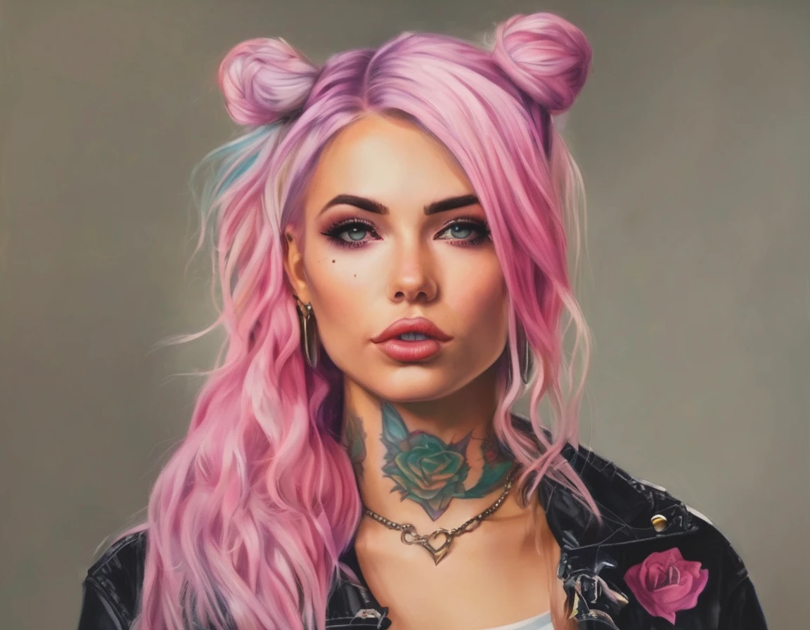 Young adult woman 22 years realistic, sexy with medium tits, modern punk style similar to harley queen, with long blonde and a little pink hair, with a broken heart tattoo on the neckline for the profile image