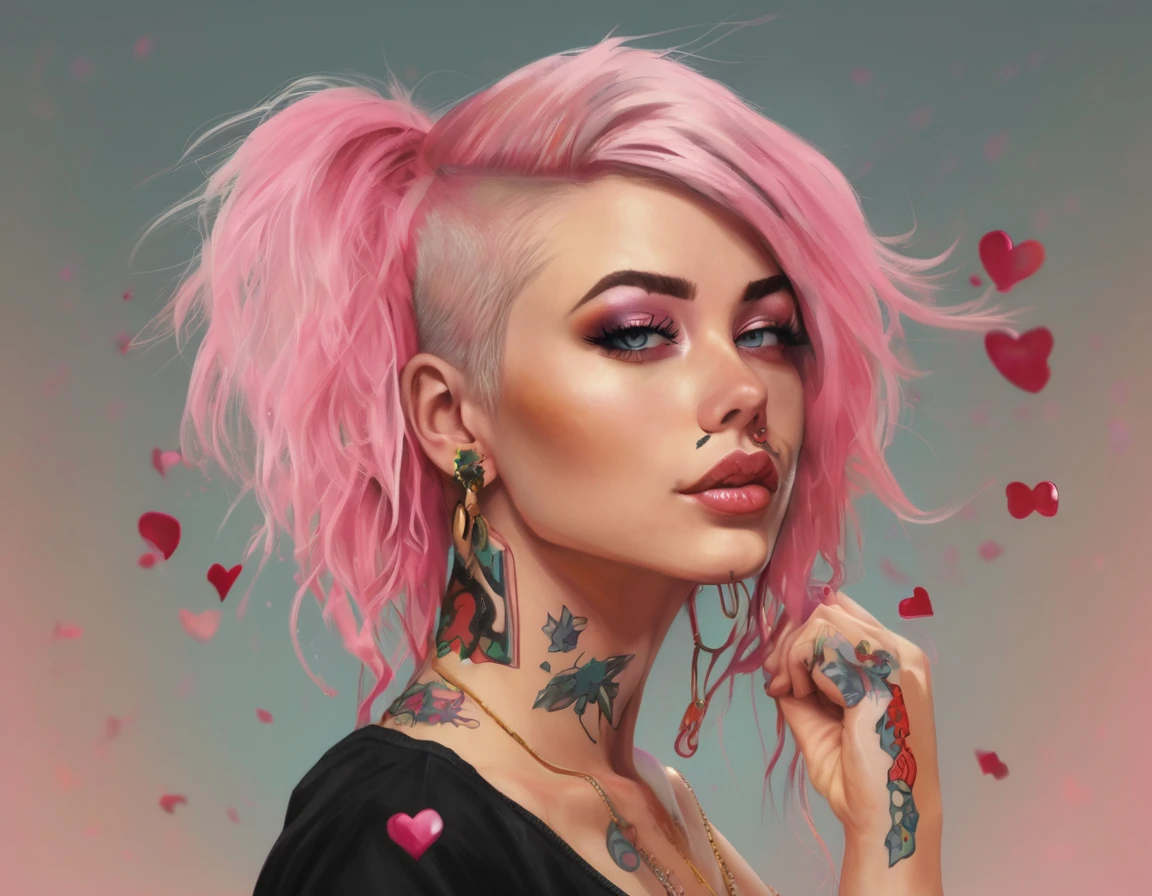 Young adult woman 22 years realistic, sexy with medium tits, modern punk style similar to harley queen, with long blonde and a little pink hair, with a broken heart tattoo on the neckline for the profile image