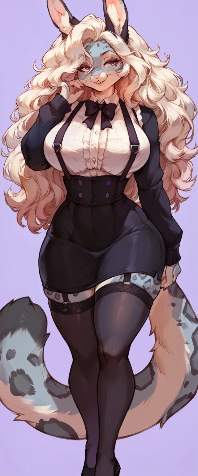 (solo) female anthro bunny, long fluffy hair, bunny, (big breasts:1.5), attractive, ((long sleeve blouse)) with ((high waist skirt)), suspenders, black stockings,   fit body, snow leopard tail,, thicc, freckles, freckles on face, smug eyes, (happy expression), she is standing look to the viewer , violet background, simple background, thick thighs  (front view) hig heels