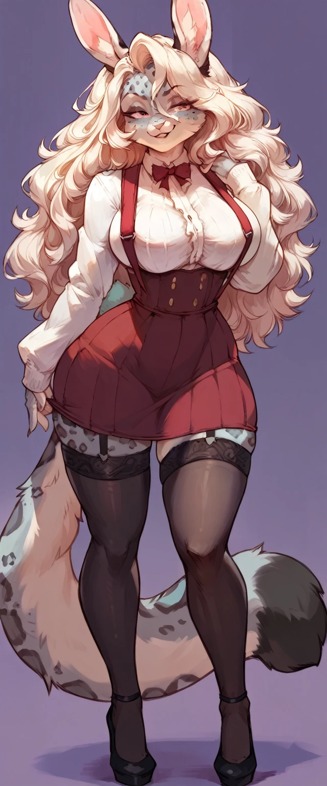 (solo) female anthro bunny, long fluffy hair, bunny, (big breasts:1.5), attractive, ((long sleeve blouse)) with ((high waist skirt)), suspenders, black stockings, fit body, snow leopard tail,, thicc, freckles, freckles on face, smug eyes, (happy expression), she is standing look to the viewer , violet background, simple background, thick thighs (front view) hig heels