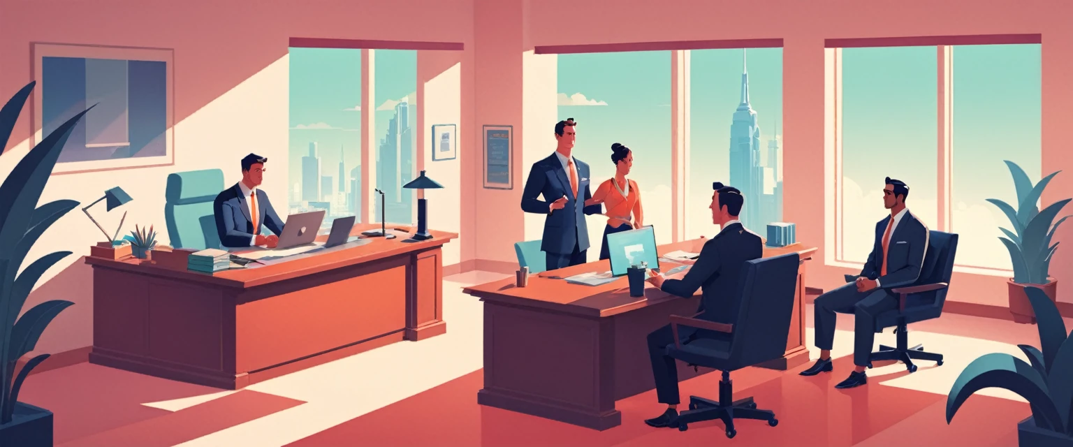 isometric style in the style of James Gilleard a man, lawyer and some happy clients, sitting at a desk in the office, law office, enjoying case victory, in style of james gilleard, digital illustration -, atey ghailan 8 k, stylized digital illustration, flat illustration, in style of atey ghailan, detailed 2d illustration, james gilleard artwork, by Atey Ghailan, by James Gilleard, jen bartel, in style of digital illustration,(Provia:1.3) . vibrant, beautiful, crisp, detailed, ultra detailed, intricate
