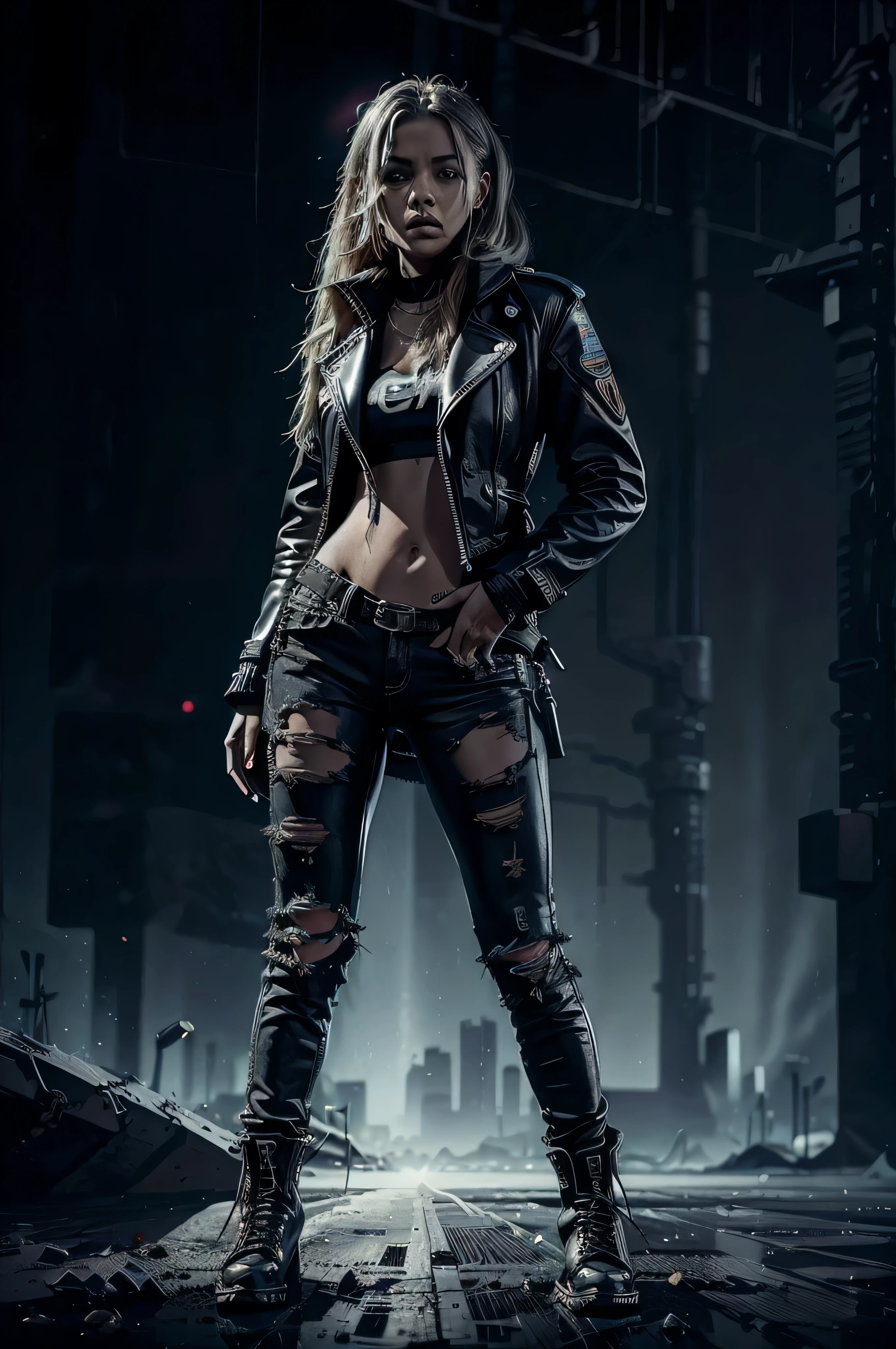 a female rapper with a confident, powerful expression, wearing a black leather jacket, ripped jeans, and combat boots, performing on a dimly lit stage with dramatic lighting, high energy, urban environment, cinematic, 8k, hyper detailed, photorealistic, dramatic lighting, neon lights, gritty, moody, atmospheric, intense, energetic, urban, street, hiphop, electronic, music video style