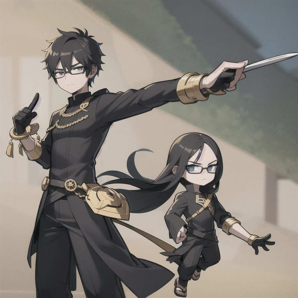 man,Swordsman,Height 169cm,Wear glasses,Black long-sleeved dress, black pants, fashion sandals,((With 5 inches))