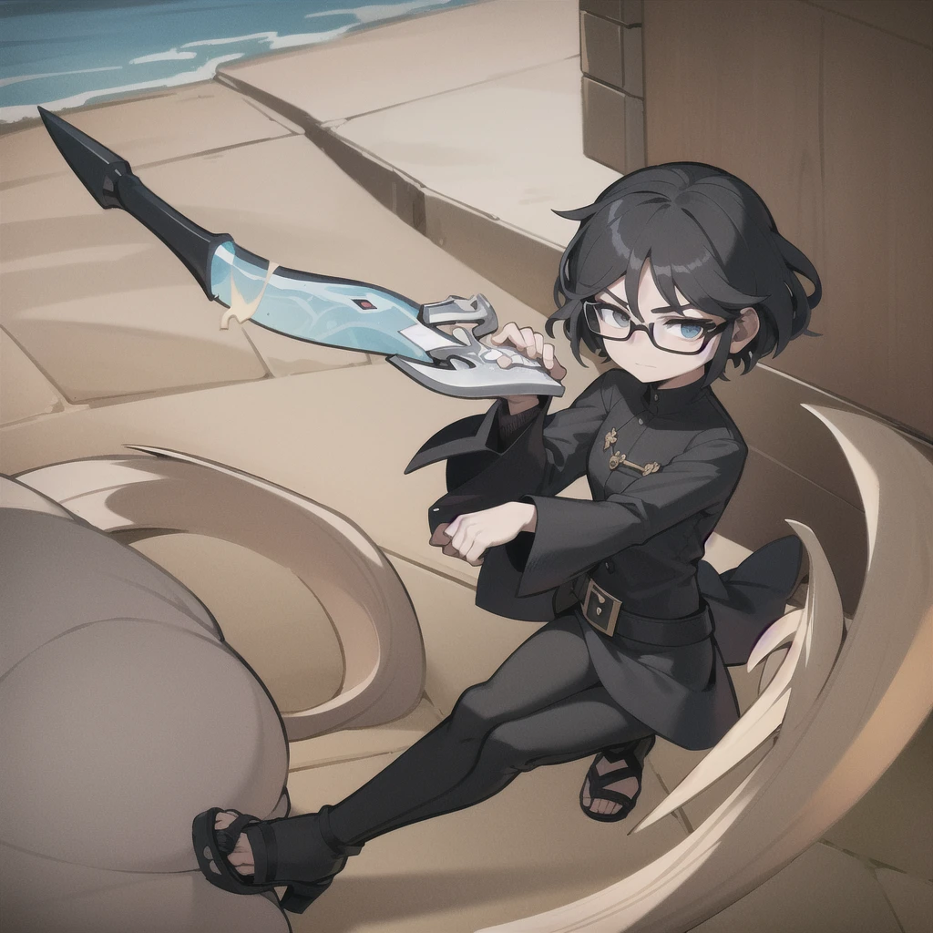 man,Swordsman,Height 169cm,Wear glasses,Black long-sleeved dress, black pants, fashion sandals,((With 5 inches))