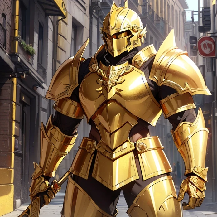 (Master piece, absurdres, best high quality image, high fantasy genre, carefully detailed textures, detailed image and background, warhammer 40k aesthetic, full body view)
{{(1character: male super soldier knight: (golden bulky armor, golden scuared knight-helmet, red lined helmet-visor, golden neck armor, golden cuirass, golden hawk head symbol on cuirass, golden shoulder plates, golden elbow plates, golden arm plates, golden gauntlets, golden belt, golden hip armor, golden armor boots, golden knee plates, golden hawk bird sword, golden sword blade), (standing firmly on guard around, confident pose), (modern belgium city street, pure gold made city))}}