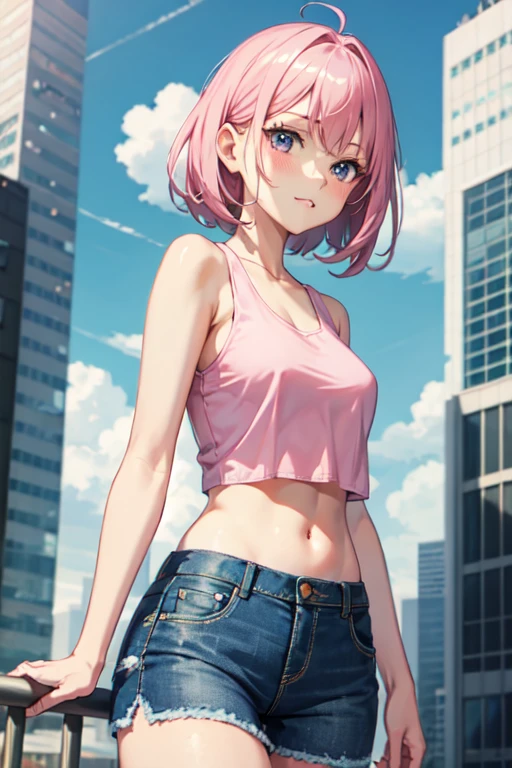 create an anime girl in a short denim skirt and a pink tank top 21 years old in an urban landscape