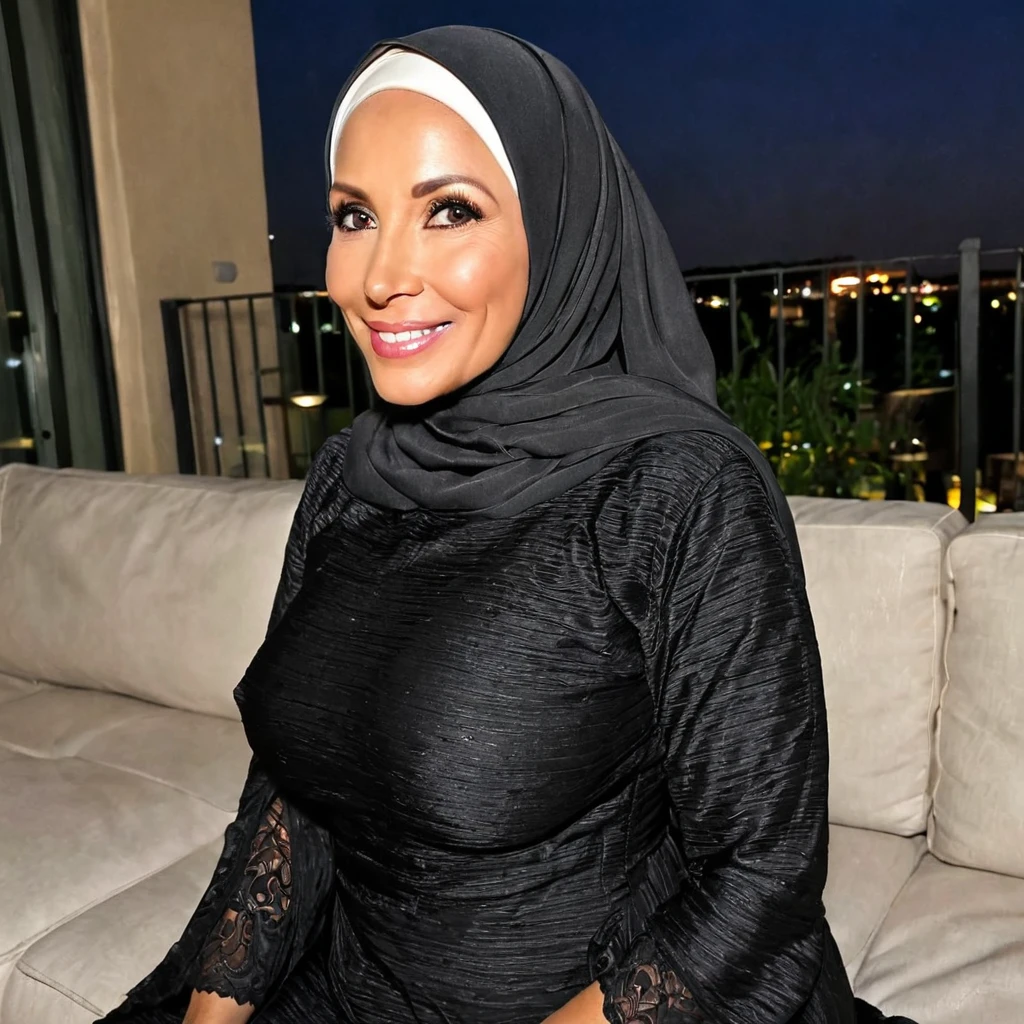 ((best quality)), ((masterpiece)), (detailed), (realistic), 1 woman, in abaya and hijab, in balcony, night, busty, curvy, thin waist, (50 years old), pretty face with small wrinkles, full lips, pretty dark eyes, innocent face, looking forward Accurate, High Resolution, Anatomically Correct, Textured Skin, Modest abaya, mature woman, milf, gilf, (((Sitting on couch))), (((Inviting smile))), Photorealistic,