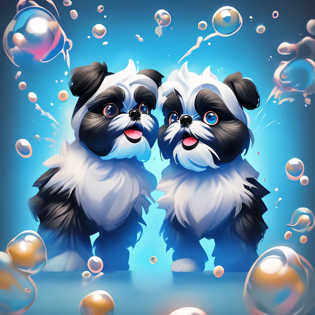 2 black Shih Tzu puppies with blue eyes, wearig goggles, covered in shampoo bubbles, happy, playful, excited, vibrant bubbles in back ground