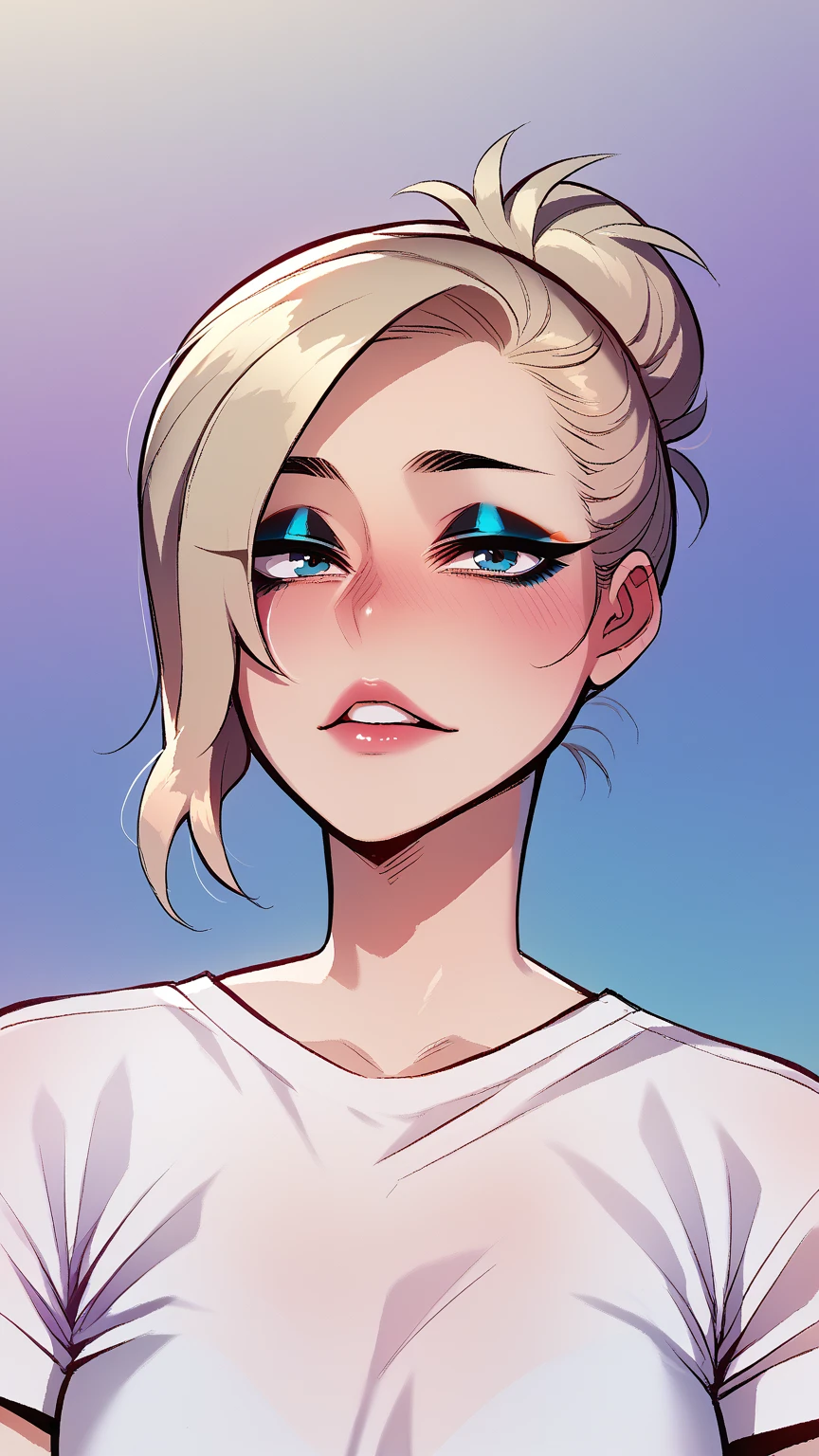 score_9, score_8_up, score_7_up, score_6_up, score_5_up, score_4_up, BREAK 1girl, intricate, white t-shirt (eyeliner:1.2), looking at viewer, detailed background, baggy shirt, (masterpiece, high quality:1), upper body focus 