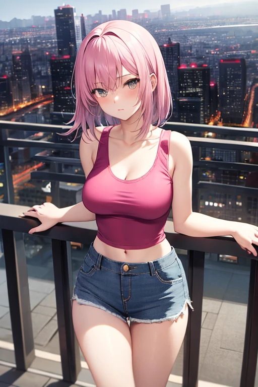 create an anime girl in a short denim skirt and a pink tank top 21 years old in an urban landscape