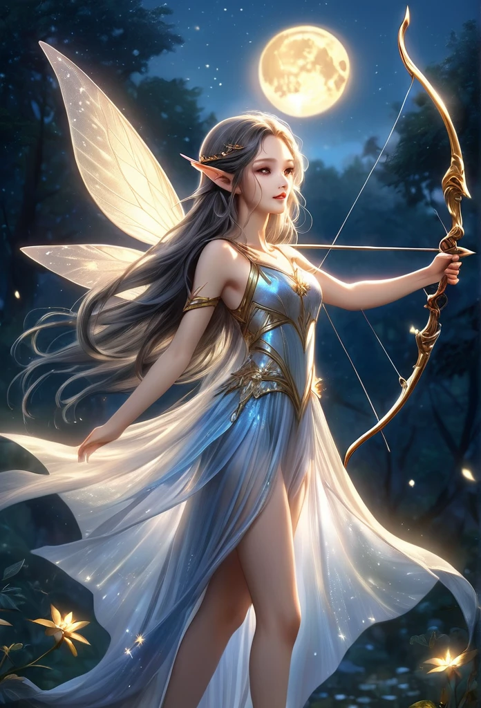 under a wonderful moonlight,clouds,stars,a beautiful fairy(((full body )))ethereal,translucent wings,long elf ear,gracefully shoots an arrow,beautiful fairy,long hair,short flowing dress,best quality,hyper detailed ,perfect anatomy, fantasy illustration,work of art,charming scenery,delicate,extraordinary beauty,golden details