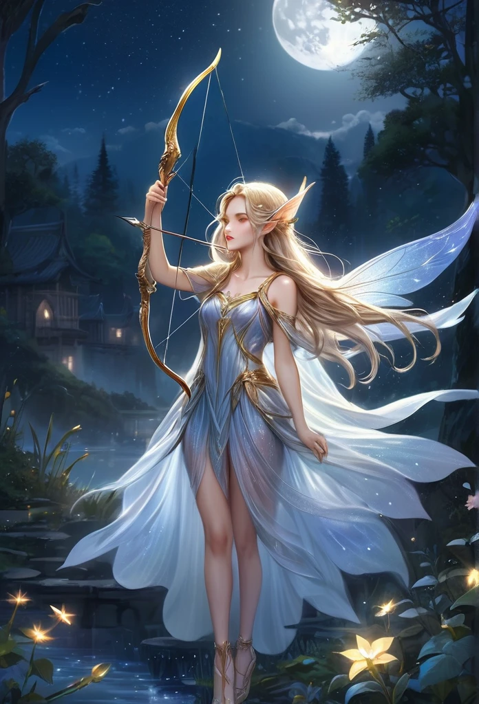 under a wonderful moonlight,clouds,stars,a beautiful fairy(((full body )))ethereal,translucent wings,long elf ear,gracefully shoots an arrow,beautiful fairy,long hair,short flowing dress,best quality,hyper detailed ,perfect anatomy, fantasy illustration,work of art,charming scenery,delicate,extraordinary beauty,golden details