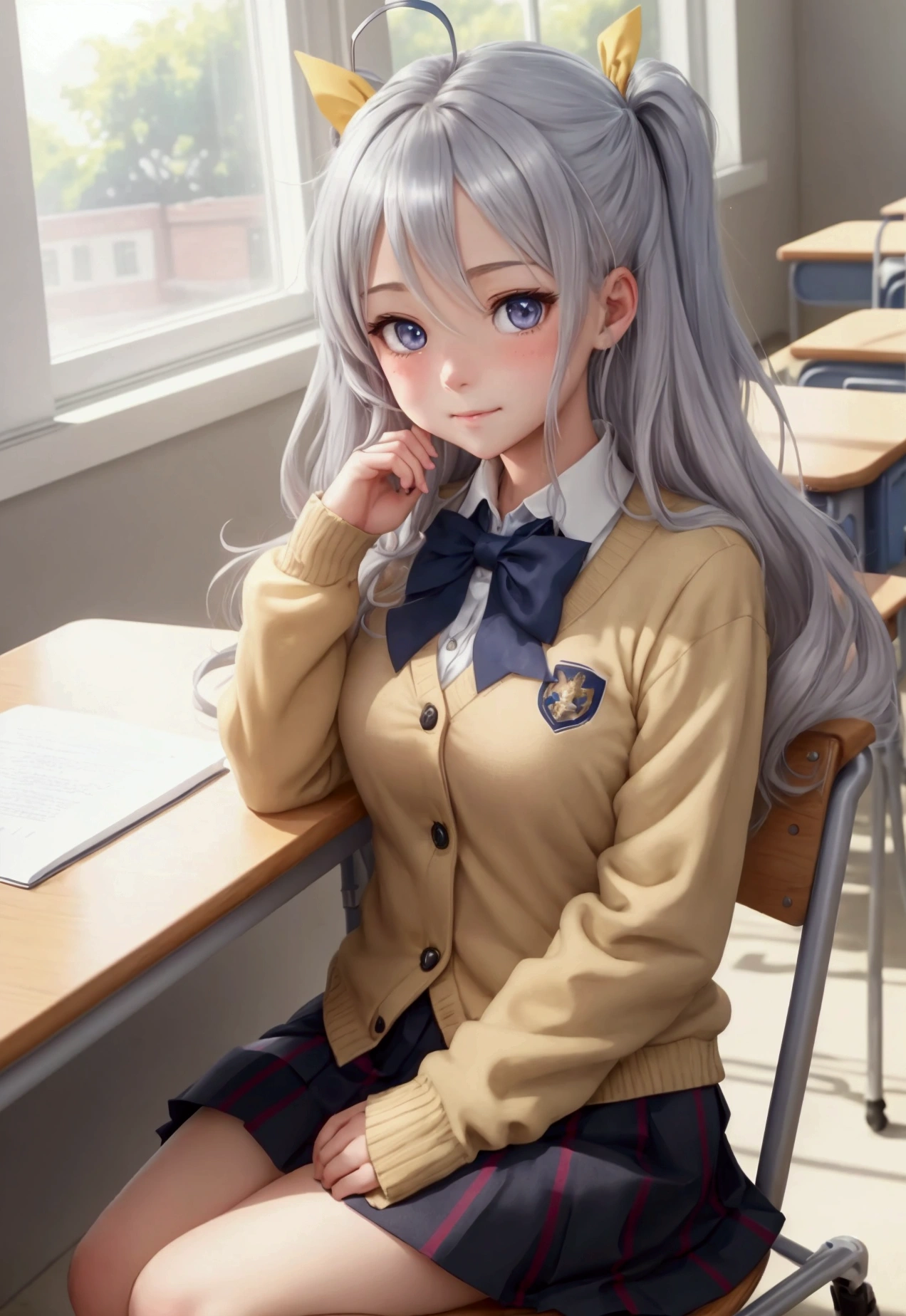 Create an anime-style illustration of a cute girl sitting in a classroom. She has long silver hair with a slight wave and a small ahoge (hair antenna) on top. Her eyes are bright blue and expressive, with a hint of shyness. She is wearing a white school blazer with gold accents and a red bow tie, along with a black pleated skirt. The girl is sitting on a chair with her legs crossed, and her hand is gently touching her cheek. She has a slightly blushing expression, looking to the side. The background shows a bright and sunny classroom with wooden desks, chairs, and large windows that let in natural light.