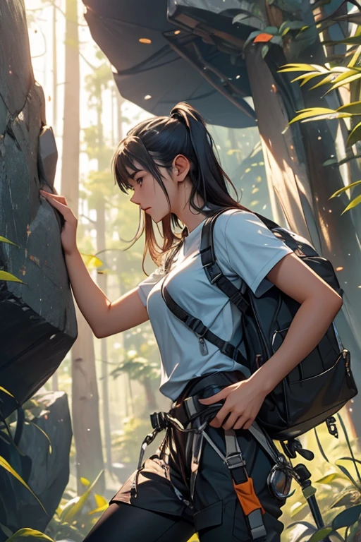 Highest quality、masterpiece、High sensitivity、High resolution、Detailed Description、Slender women、rock climbing、Rocky area、