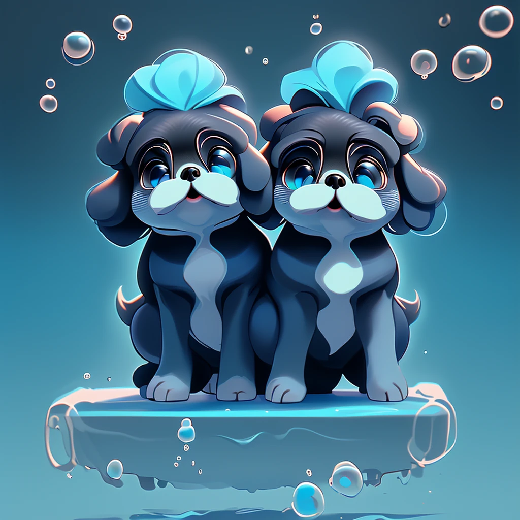 2 black Shih Tzu puppies with blue eyes, wearig goggles, covered in shampoo bubbles, happy, playful, excited, vibrant bubbles in back ground