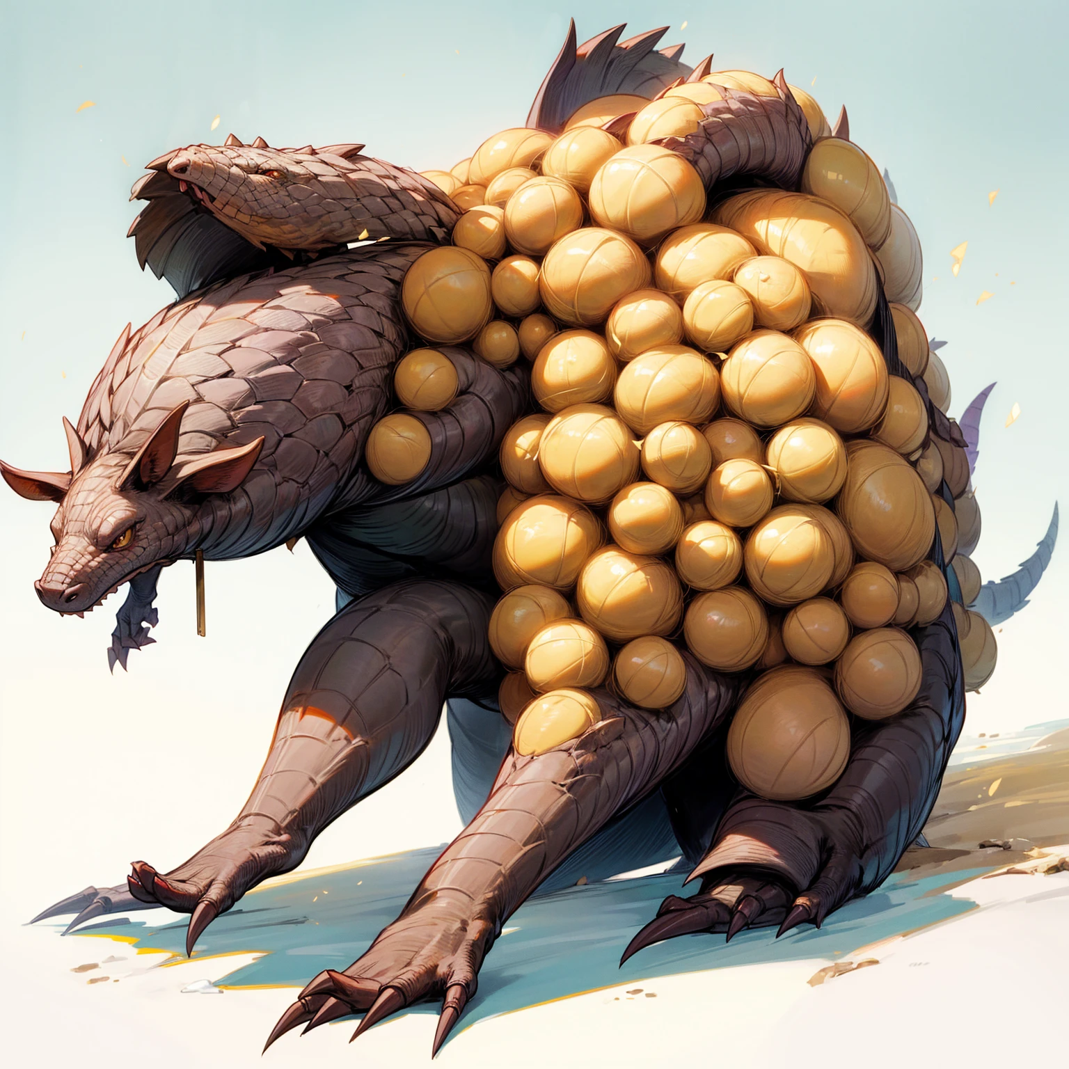 1animal, Mixed animal Evolution, Full body version, dragon mixed with Armadillo, gold eyes, has long horns, two legs, two hands, Grassroots, full background in snow, dragon ball style art