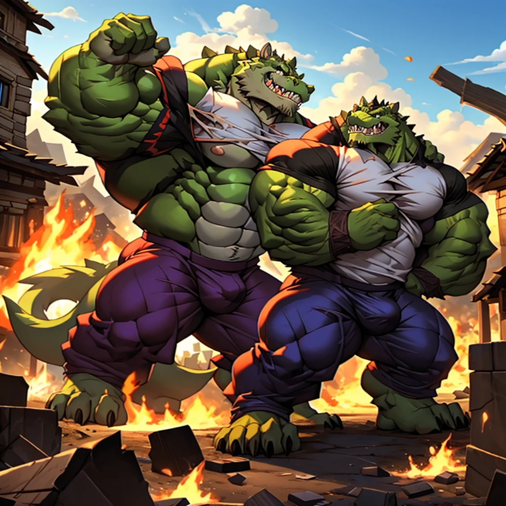 male, Strong build, very thick build, ripping clothes off, forcefully removing clothes, hulking out of clothes, hyper erect penis, thick penis, copious amounts of cum 1.6, mighty roar, double bicep pose, pelvic thrusting, standing upright, (green skin: 1.1), whole body hair, ginger beard, overbite, thick sharp teeth, large thick lower canine teeth, thick pointy ears, (glowing eyes: 1.2), destroyed pants and shirt, rampage, impact, evil smile, thick arms, thick thighs, (large pecs: 1.4), muscular pecs, (bara pecs: 1.6), macro, landscape dwarfing, village destruction, building destruction, ruined village, village on fire,