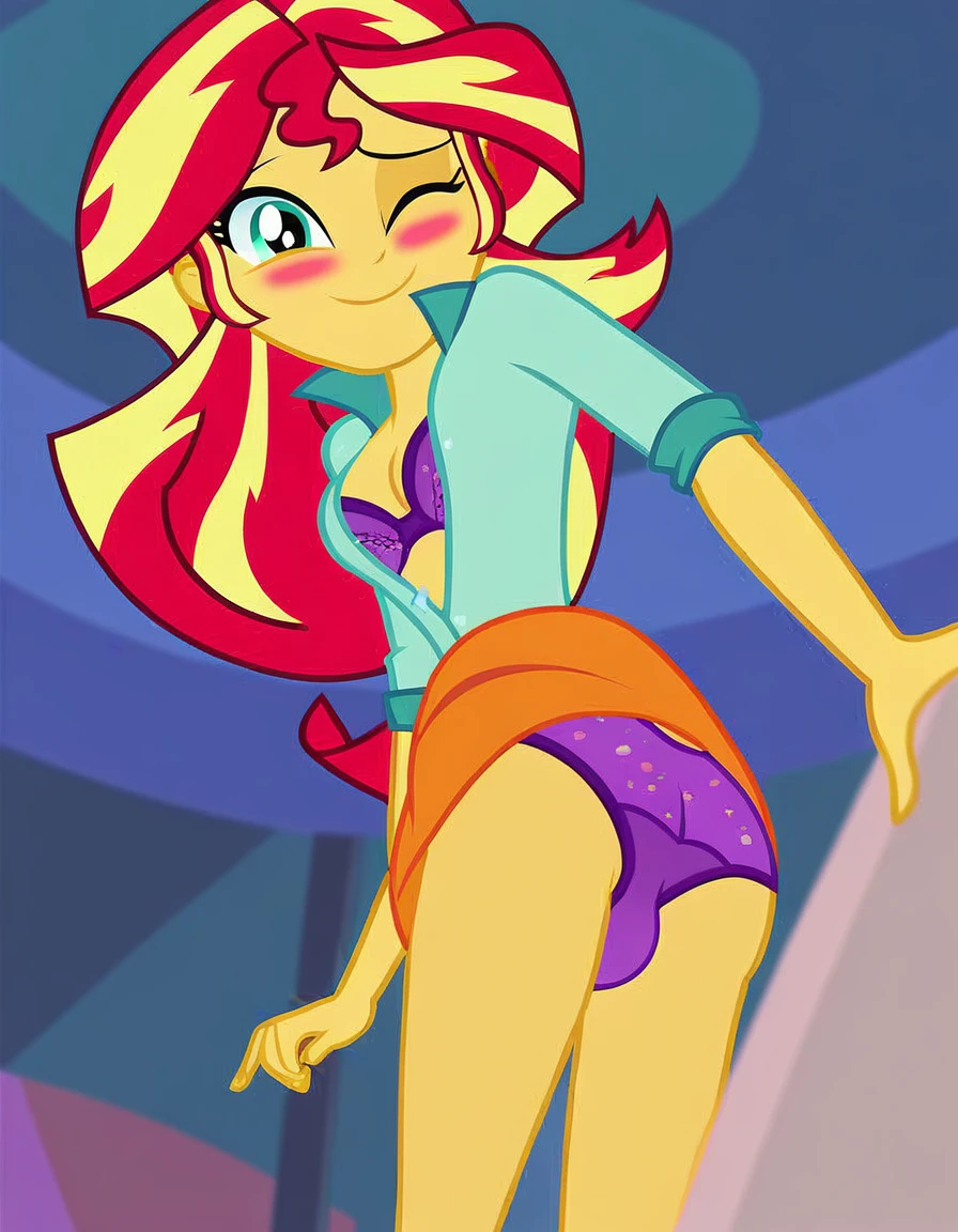 explicit, solo, bra, sunset_shimmer, standing_backwards, cute, cute face, awww, butt, bend down, equestria_girls, breasts, clothes, female, big_tits, looking at you, strip club, skirt, skirt lift, offscreen character, cartoon, panties, male_pov, twitching, briefs, unzipping, open fly, wink, blushing, smiling, show accurate, vector, male_pov, bulge_pov, offscreen character, lower_body_male
