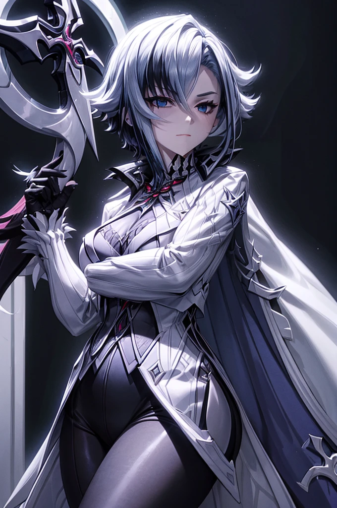 villain girl wearing a cross holding a cross bearded evil laugh blue background dark night