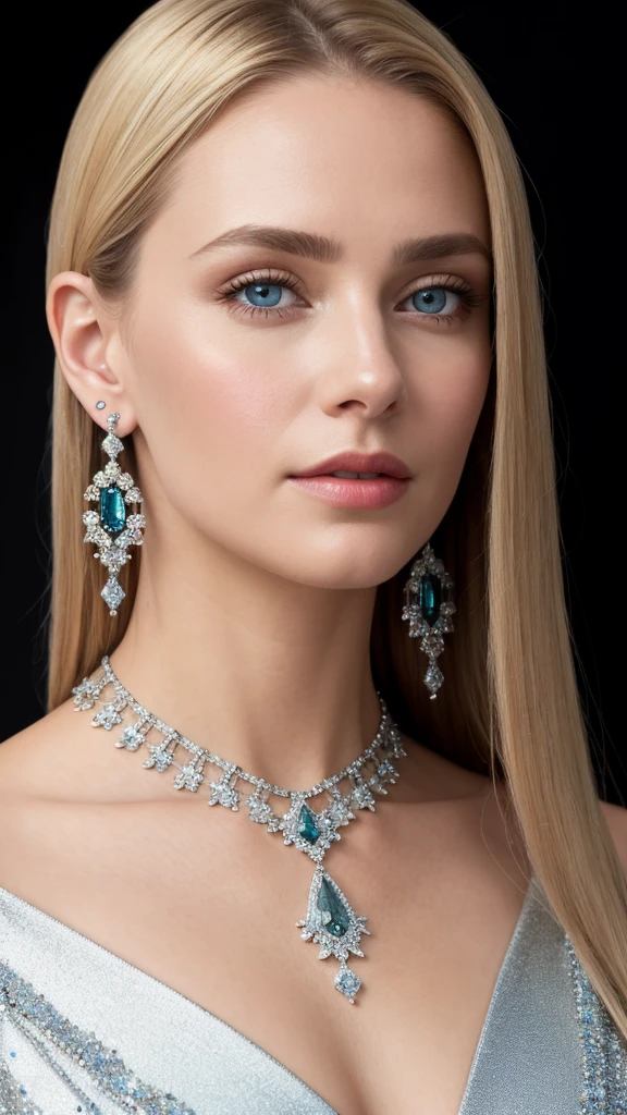 (masterpiece, best quality), intricate details, Realistic, photoRealistic, a close up of a woman wearing earrings, inspired by Emma Andijewska, wrapped in crystals, silver color, long earrings, sandra chevier, huge earrings, 2019, Blue-eyed , platinum jewelry, earring, impeccable structure, silver earring