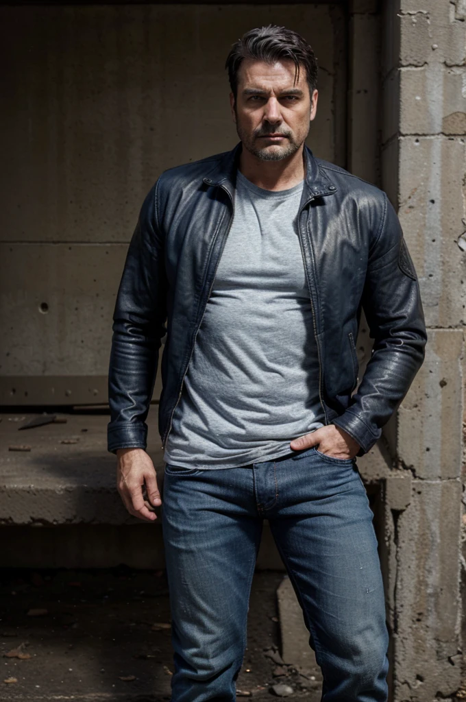Character, stocky man with stubble, 25 years, dark hair, brutal, stern look, clothing leather jacket old, ragged blue jeans, high military boots, gray t-shirt, full body