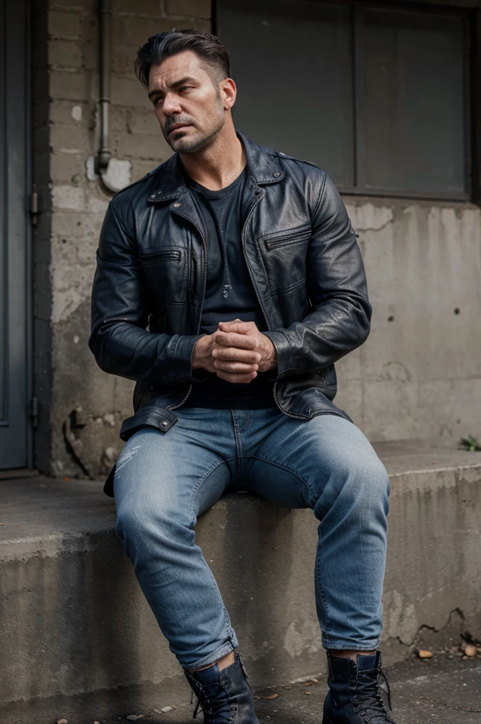 Character, stocky man with stubble, 25 years, dark hair, brutal, stern look, clothing leather jacket old, ragged blue jeans, high military boots, gray t-shirt, full body