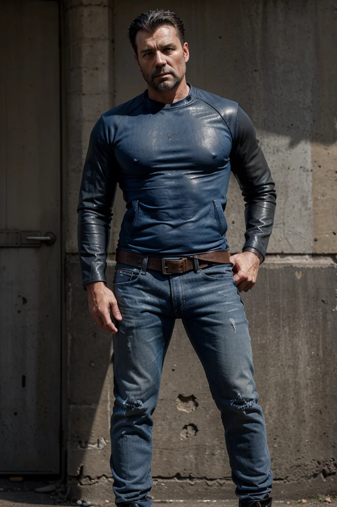 Character, stocky man with stubble, 25 years, dark hair, brutal, stern look, clothing leather jacket old, ragged blue jeans, high military boots, gray t-shirt, full body