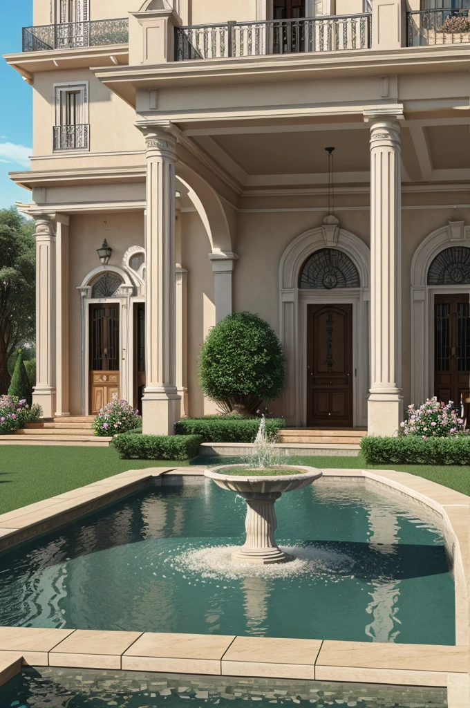 Exterior picture L shaped classical house , spanish house , L shaped , french architecture, neo classical , L shaped house exterior , realistic, 3D , fountain , garden , exterior 