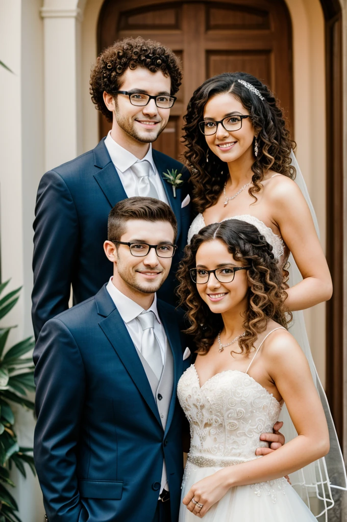 Heterosexual wedding couple. 
The curly-haired woman, short and tall man with straight hair with glasses