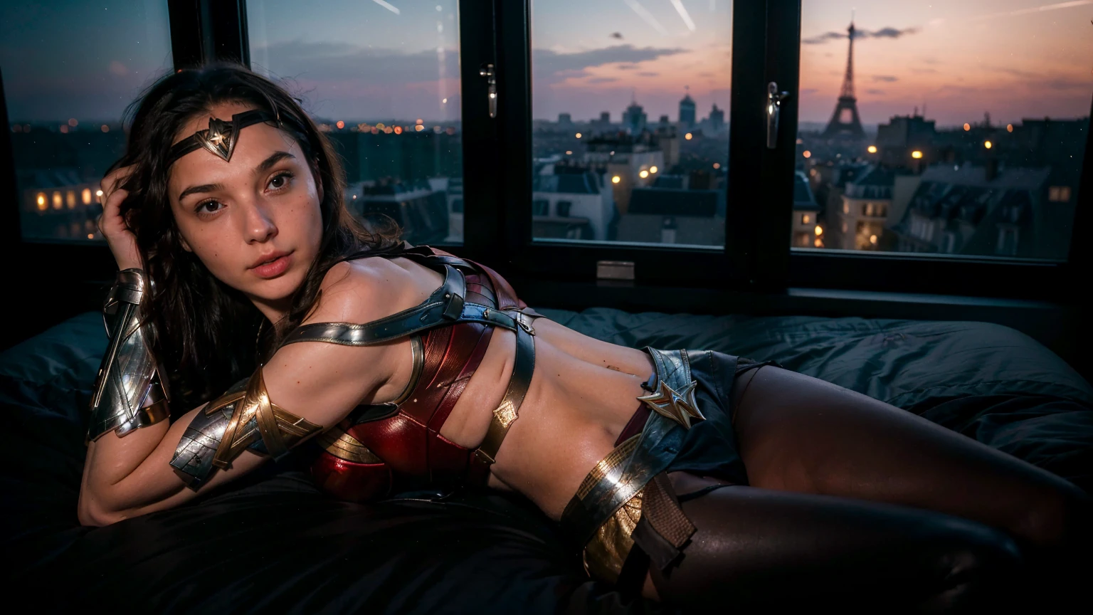 ((masterpiece), (solo character), (photorealistic:1.4), ),(best quality), (epiCRealLife), (g4lg), (wonder woman bra top), (g4lg show abs), (g4lg show cleavages), (Gal Godot in wonder woman costume), (lora:epiCFlashPhoto),(flashphoto), (flash photography) (look at viewers), (Paris Apartment bedroom, (Paris city landmark night views), (window), (night time), (landscape photo), (lying down), (show butt), (looking at viewers), (at night), (night time), 