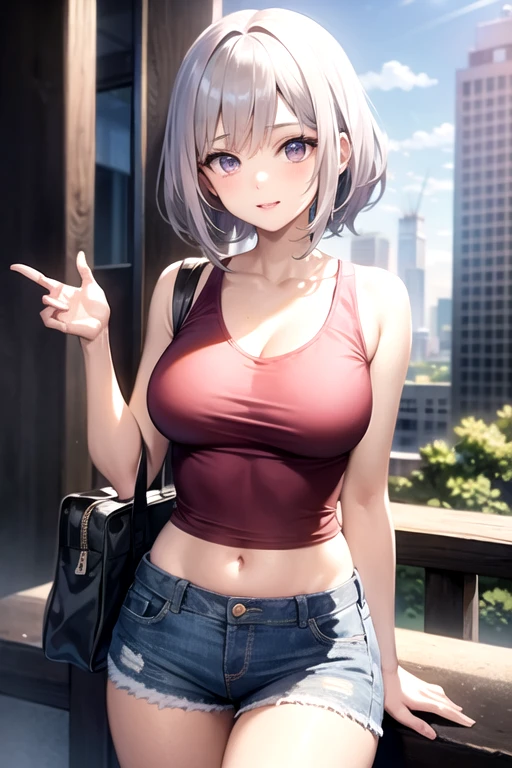 create an anime girl in a short denim skirt and a pink tank top 21 years old in an urban landscape