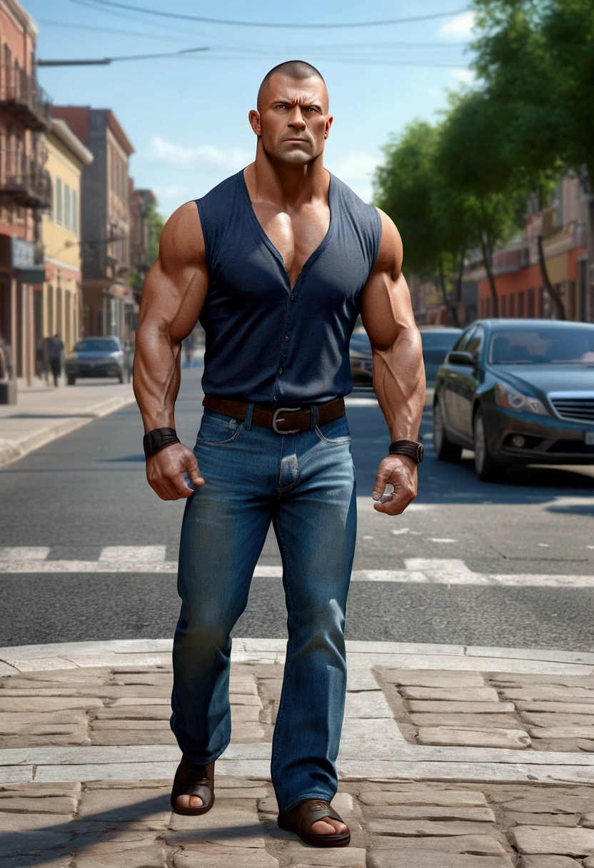 (best quality, 4K, 8K, high resolution, art: 1.2), Ultra detailed, (realistic, photorealistic, photorealistic: 1.37) ,-Man of around 30 years old, strong, well-muscled, with a big WWE style, looks like a WWE fighter, wearing casual work clothes (jeans and t-shirt). An expression that is initially tired, but changes throughout the story.A GREAT STONE ON THE WAY A STONE IN THE MIDDLE OF THE STREET PEDRA ON THE STREET AND A so(best quality, 4K, 8K, high resolution, art: 1.2), Ultra detailed, ( realistic, photorealistic, photorealistic: 1.37), Other people are also shown dodging, style, determined, dynamic pose, blue color palette, vibrant lighting A large rock in the middle of the sidewalk, forcing people to move aside. He sighs when he sees the stone and avoids it, as he does every day. Other people are also shown dodging