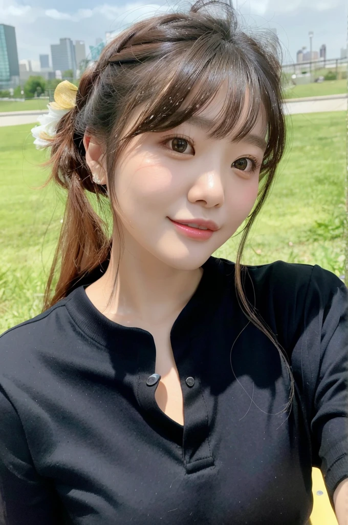 Close up portrait of woman sitting on park bench, Korean Girl, Larisa Manobal, Choi Hong Hwa, ulzzangs, sakimichan, beautiful Korean women, wan adorable korean face, lee ji-eun, lee ji - eun, park ji-min, Young adorable Korean face, tzuyu from twice