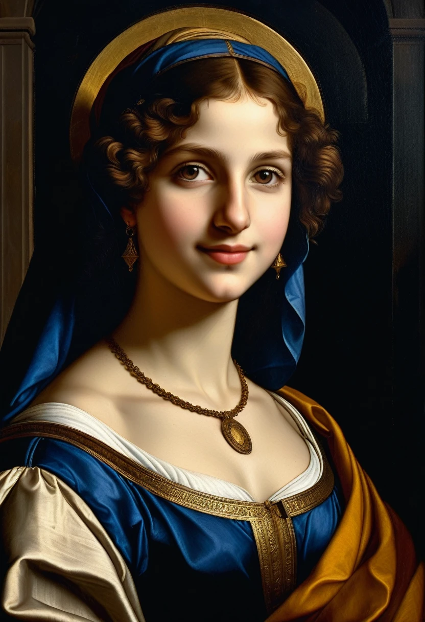 Beautiful Maxa, Beautiful eyes, 18 years old, mystery smile, golden ratio, ((Guercino style)), gloomy Renaissance, dark stone studio, two-tone lighting, ((Best quality, masterpiece)), ((Highest detail)), RAW: 1,1, 8K