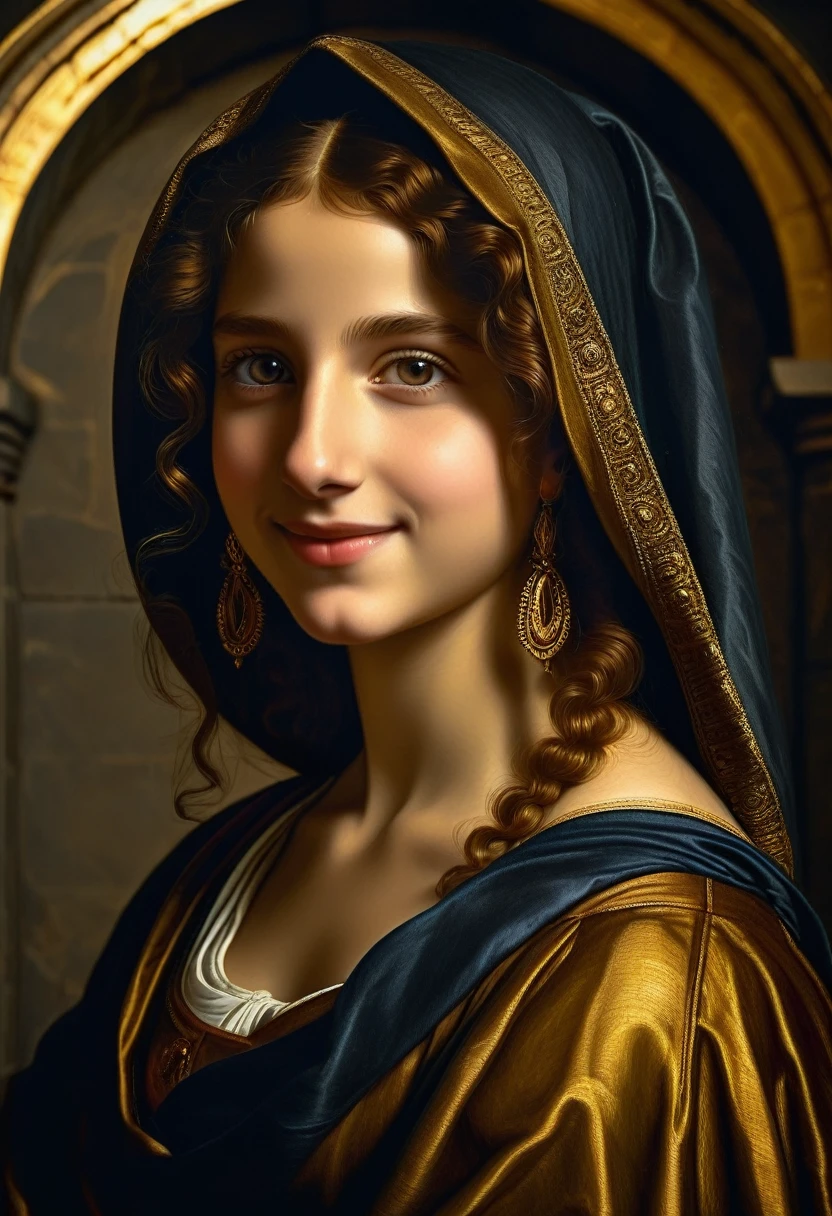 Beautiful Maxa, Beautiful eyes, 18 years old, mystery smile, golden ratio, ((Guercino style)), gloomy Renaissance, dark stone studio, two-tone lighting, ((Best quality, masterpiece)), ((Highest detail)), RAW: 1,1, 8K