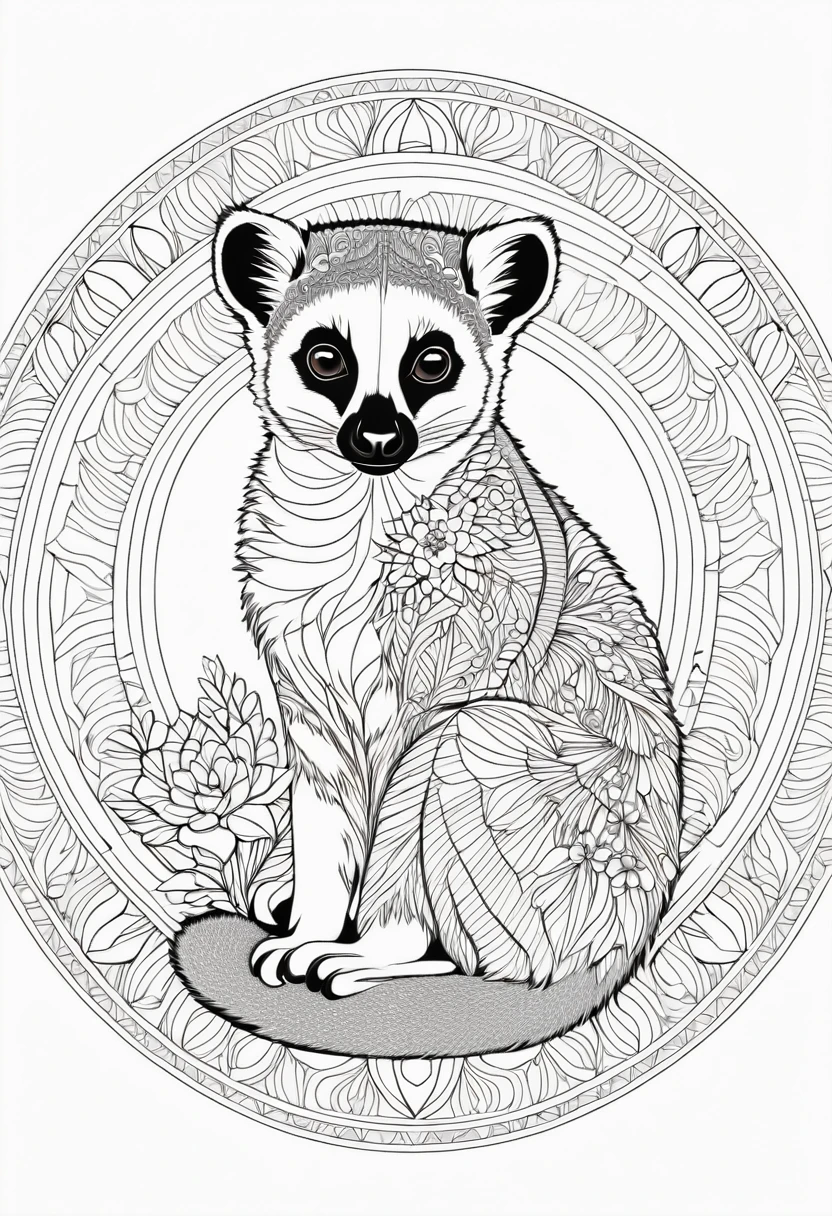 A striking black and white line art coloring page designed for adults with white background, featuring a majestic Lemur in a mandala-inspired style. The Lemur is adorned with intricate patterns that include floral and geometric designs, making it an engaging and detailed work of art. The illustration focuses on crisp, clean lines and bold outlines, without any shading or color, allowing the user to bring their own vibrancy to the piece. The minimalistic design, with its thick lines and absence of background details, creates a soothing coloring experience for adults seeking calming and creative activities. illustration