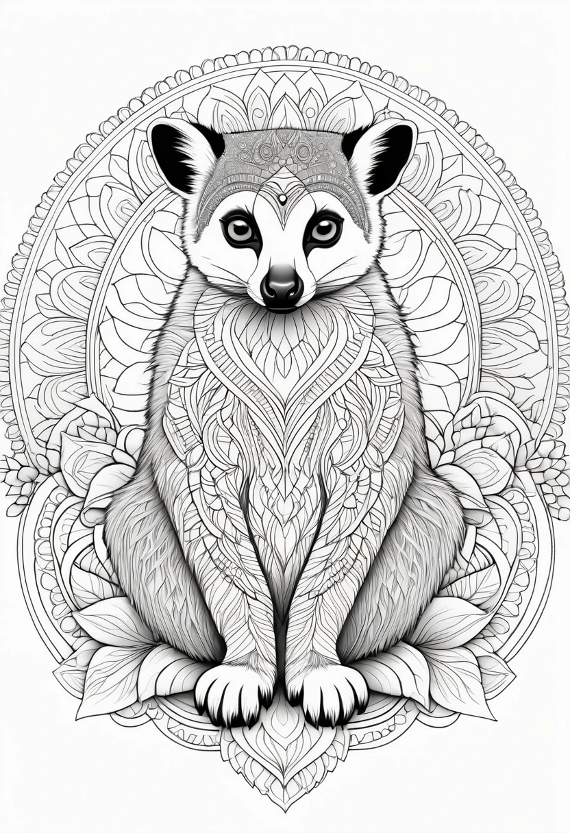 A striking black and white line art coloring page designed for adults with white background, featuring a majestic Lemur in a mandala-inspired style. The Lemur is adorned with intricate patterns that include floral and geometric designs, making it an engaging and detailed work of art. The illustration focuses on crisp, clean lines and bold outlines, without any shading or color, allowing the user to bring their own vibrancy to the piece. The minimalistic design, with its thick lines and absence of background details, creates a soothing coloring experience for adults seeking calming and creative activities. illustration