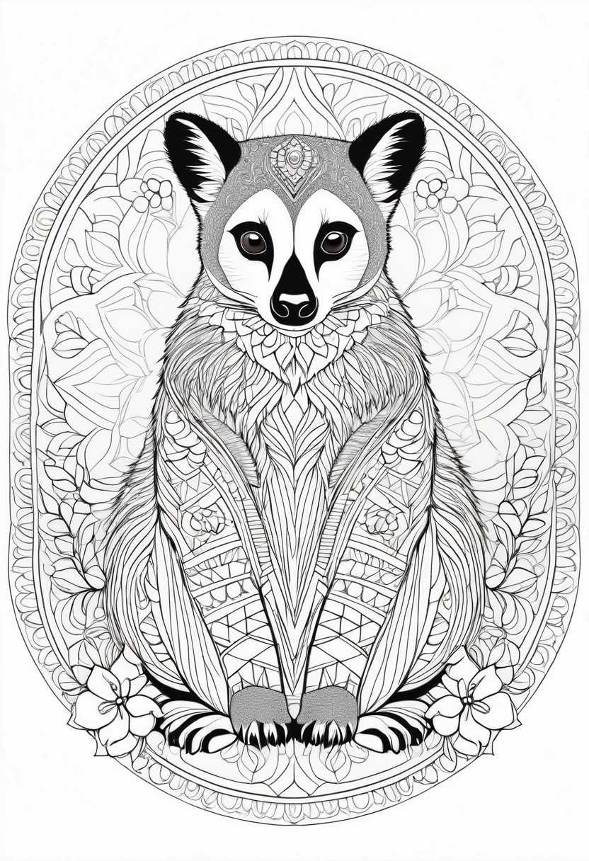 A striking black and white line art coloring page designed for adults with white background, featuring a majestic Lemur in a mandala-inspired style. The Lemur is adorned with intricate patterns that include floral and geometric designs, making it an engaging and detailed work of art. The illustration focuses on crisp, clean lines and bold outlines, without any shading or color, allowing the user to bring their own vibrancy to the piece. The minimalistic design, with its thick lines and absence of background details, creates a soothing coloring experience for adults seeking calming and creative activities. illustration